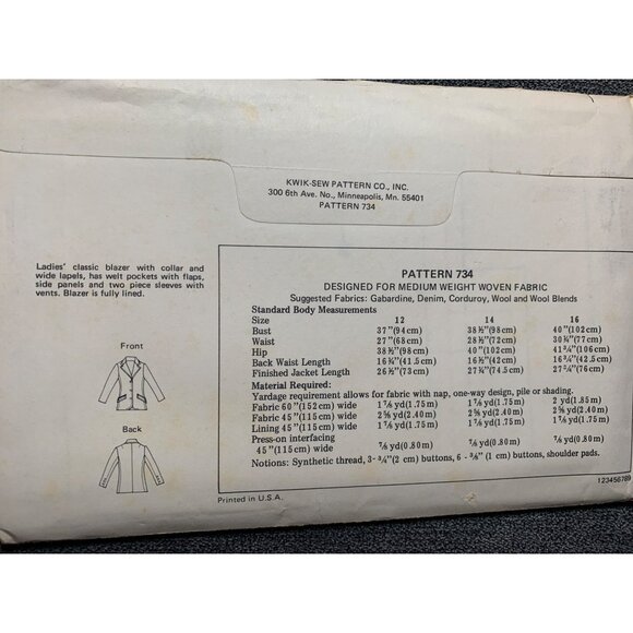 Kwik Sew Misses Jacket Sewing Pattern sz 12-16 734 - uncut - Picture 6 of 9
